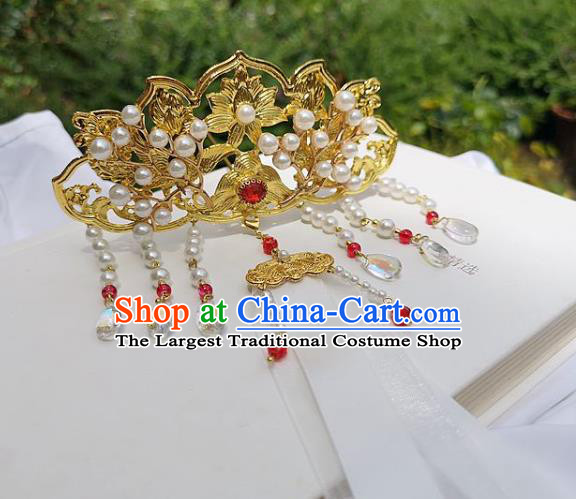 China Ancient Princess Phoenix Hair Stick Traditional Hanfu Hair Accessories Ming Dynasty Golden Lotus Hair Crown