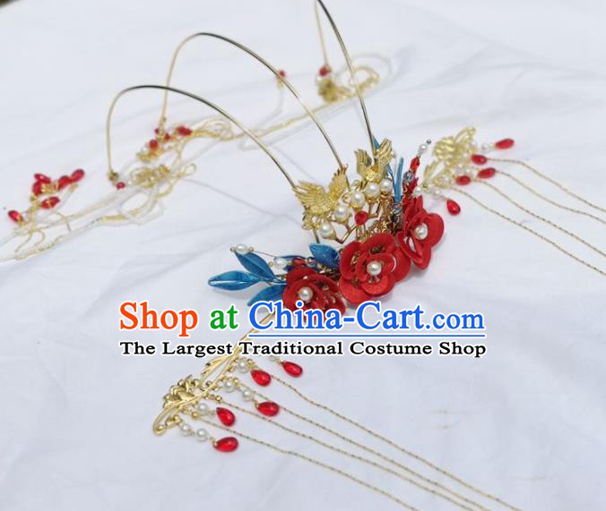 China Ancient Princess Hair Stick Traditional Hanfu Hair Accessories Wedding Red Silk Flowers Hair Crown