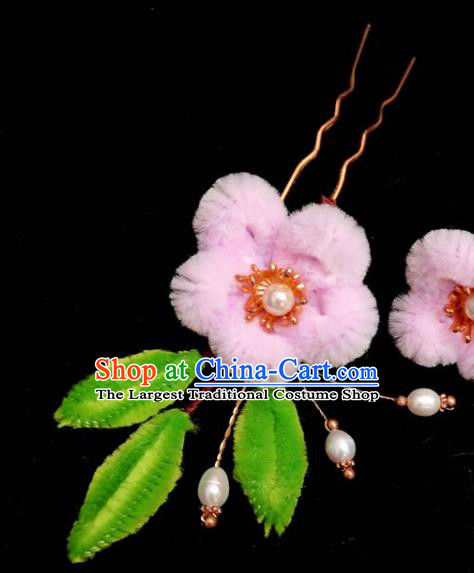 China Ming Dynasty Pink Velvet Plum Hairpin Traditional Hanfu Hair Accessories Ancient Princess Hair Stick