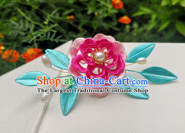 China Ming Dynasty Silk Peony Hair Stick Traditional Hanfu Hair Accessories Ancient Princess Pearls Hairpin