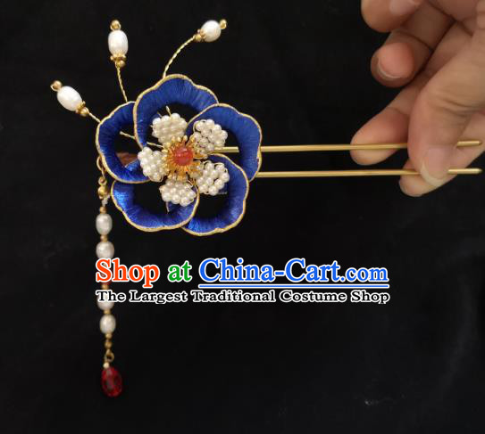 China Ming Dynasty Blue Silk Peony Hairpin Traditional Hanfu Hair Accessories Ancient Princess Pearls Tassel Hair Stick