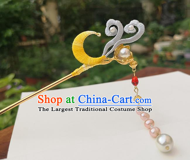 China Ancient Hanfu Hairpin Traditional Ming Dynasty Silk Moon Tassel Hair Stick