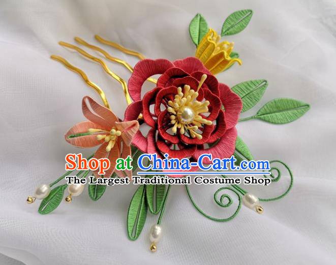 China Ancient Princess Pearls Hairpin Traditional Hanfu Hair Accessories Ming Dynasty Silk Peony Hair Comb