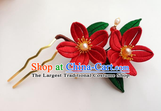 China Traditional Ming Dynasty Red Silk Flowers Hair Stick Ancient Palace Lady Pearls Hairpin