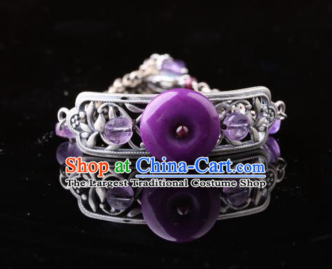 Handmade Chinese Amethyst Bangle Jewelry Traditional National Silver Carving Bracelet