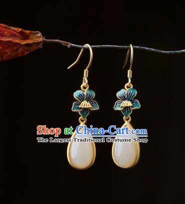 Chinese Classical Cloisonne Ear Accessories Traditional Cheongsam White Chalcedony Earrings