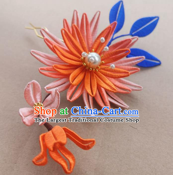 China Traditional Ming Dynasty Orange Silk Epiphyllum Hair Clip Ancient Hanfu Hairpin