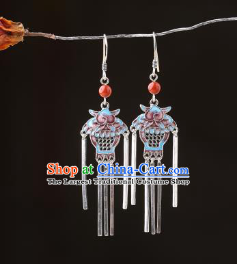 Chinese Classical Wedding Silver Tassel Ear Accessories Traditional Cheongsam Cloisonne Basket Earrings