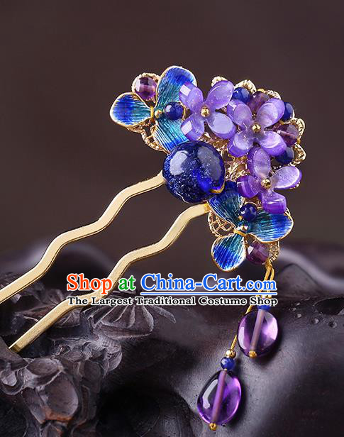 China Classical Amethyst Flowers Hair Stick Traditional Cheongsam Hair Accessories Handmade Cloisonne Hairpin