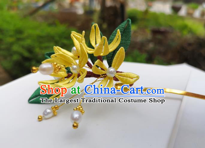 China Ming Dynasty Osmanthus Hair Stick Traditional Ancient Princess Yellow Silk Flowers Hairpin