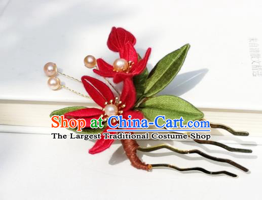 China Ming Dynasty Hair Stick Traditional Ancient Palace Lady Red Silk Flowers Hairpin