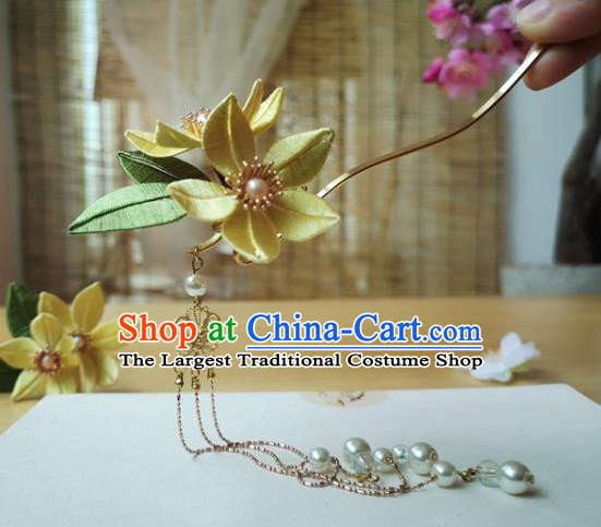 China Ming Dynasty Tassel Hair Stick Traditional Hanfu Hair Accessories Ancient Princess Yellow Silk Flower Hairpin
