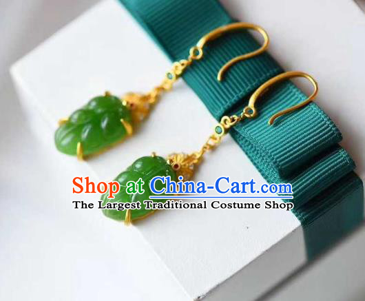 Handmade Chinese Jadeite Leaf Ear Accessories Traditional Cheongsam Golden Earrings