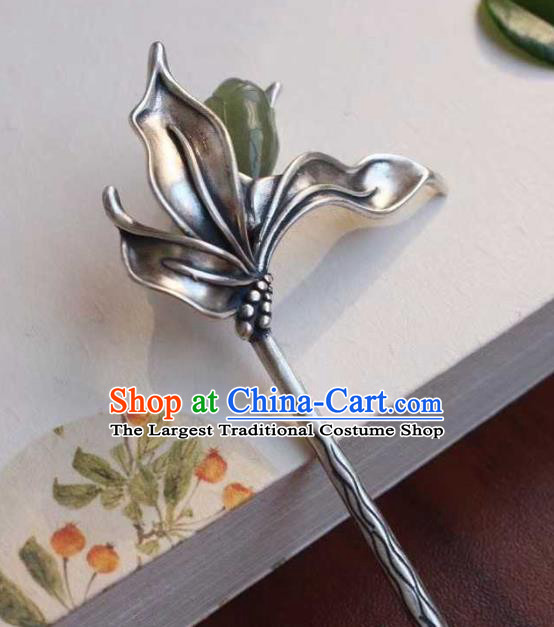 China Classical Silver Hair Stick Traditional Hair Accessories Handmade Jade Mangnolia Hairpin