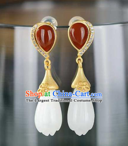 Handmade Chinese Agate Ear Accessories Traditional Cheongsam Jade Mangnolia Earrings