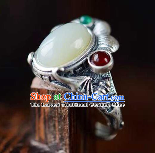 China Classical Cheongsam Silver Carving Ring Accessories Traditional Jade Circlet Jewelry