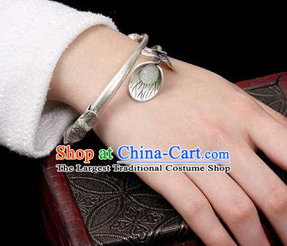 China Classical Cheongsam Silver Carving Bracelet Accessories Traditional Jade Mangnolia Bangle Jewelry