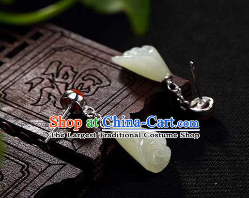 Handmade Chinese Traditional Cheongsam Jade Mangnolia Earrings National Ear Accessories