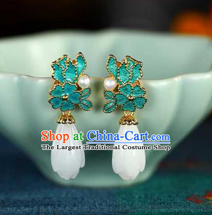 Handmade Chinese Jade Mangnolia Ear Accessories Traditional Cheongsam Cloisonne Earrings