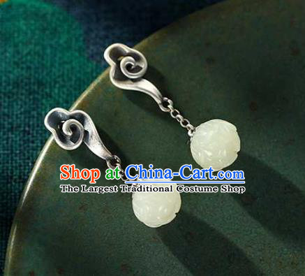 Chinese Traditional Cheongsam Jade Lotus Earrings Handmade National Silver Cloud Ear Accessories