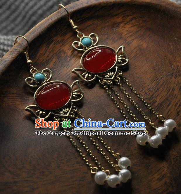 Chinese Traditional Hanfu Tassel Earrings Handmade Cheongsam Ruby Ear Accessories