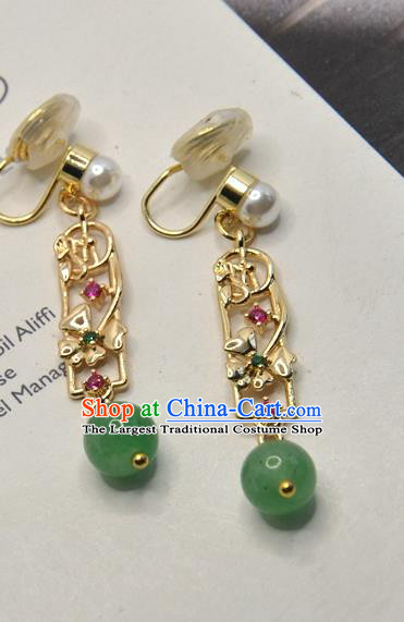 Chinese Classical Cheongsam Golden Ear Accessories Traditional Chrysoprase Bead Earrings