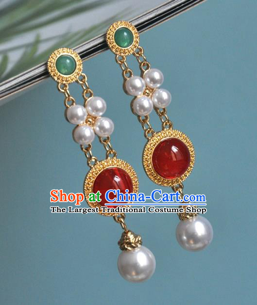 Chinese Traditional Carnelian Earrings Classical Cheongsam Golden Ear Accessories