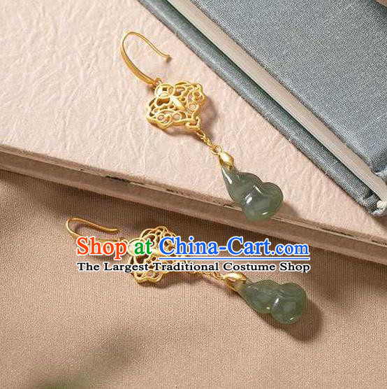 Handmade Chinese Golden Ear Accessories Traditional Cheongsam Jade Gourd Earrings