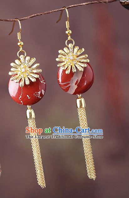 Chinese Classical Red Stone Ear Accessories Traditional Cheongsam Golden Chrysanthemum Earrings