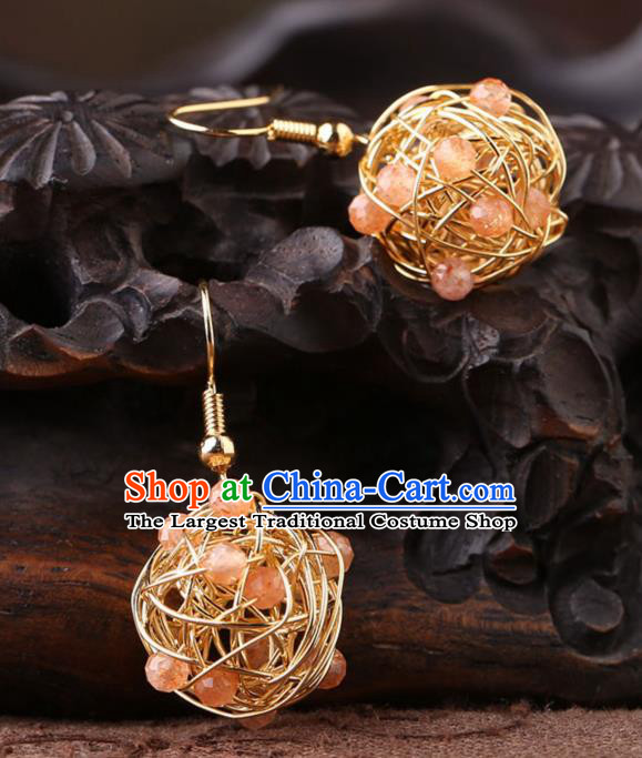 Chinese Classical Golden Ear Accessories Traditional Cheongsam National Rose Quartz Earrings