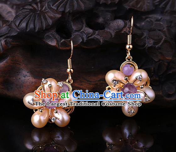 Chinese Classical Pearls Plum Ear Accessories Traditional Cheongsam National Amethyst Earrings