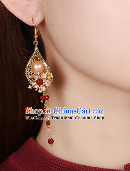 Chinese Classical Red Beads Tassel Ear Accessories Traditional Cheongsam Pearl Golden Earrings