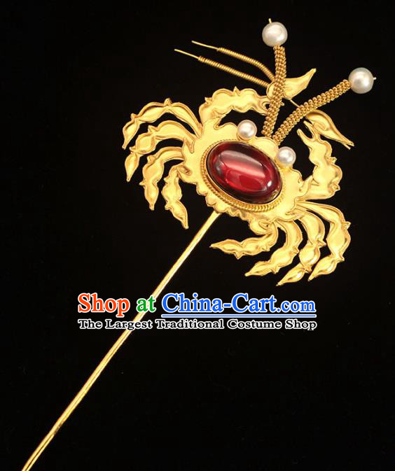 China Ancient Empress Ruby Hair Stick Traditional Hair Accessories Ming Dynasty Golden Crab Hairpin