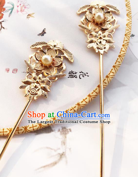 China Traditional Hanfu Pearl Hair Stick Ancient Princess Hair Accessories Golden Plum Hairpin