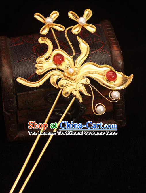 China Ancient Palace Empress Hair Stick Traditional Hair Accessories Ming Dynasty Golden Orchids Hairpin