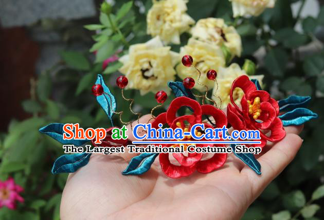 China Ancient Song Dynasty Princess Hairpin Traditional Hanfu Red Silk Plum Blossom Hair Comb