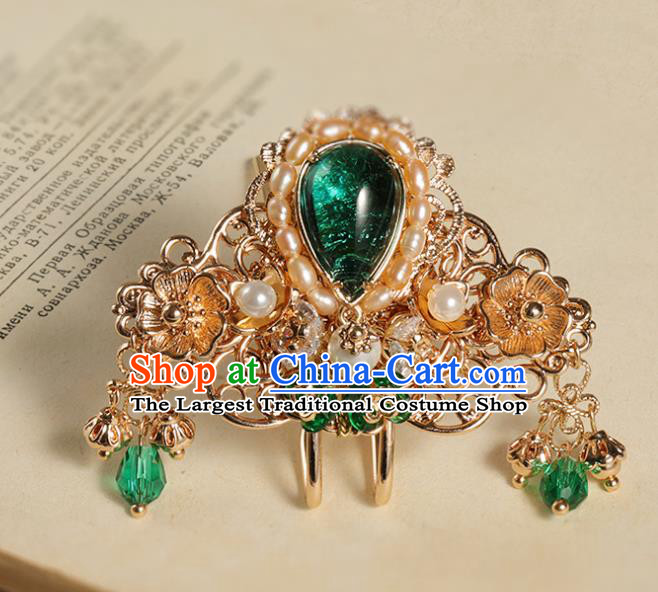 China Traditional Hanfu Pearls Hair Crown Ancient Ming Dynasty Princess Green Crystal Hairpin