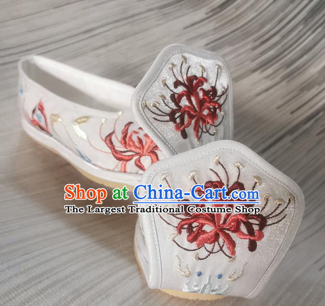 Handmade Chinese White Satin Shoes Traditional Han Dynasty Princess Shoes Bow Shoes Embroidered Shoes