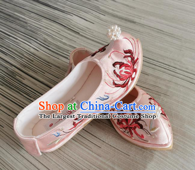 Handmade Chinese Bow Shoes Embroidered Shoes Traditional Ming Dynasty Shoes Pink Satin Shoes