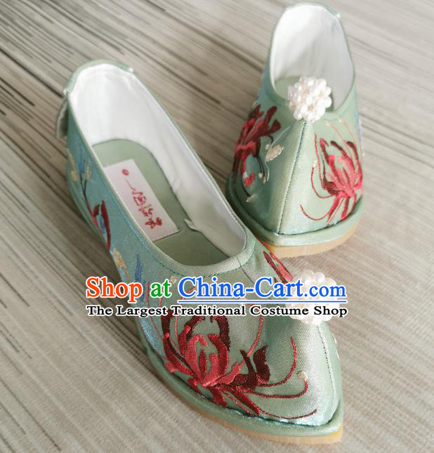 Handmade Chinese Embroidered Green Shoes Traditional Ming Dynasty Hanfu Shoes Satin Shoes Bow Shoes