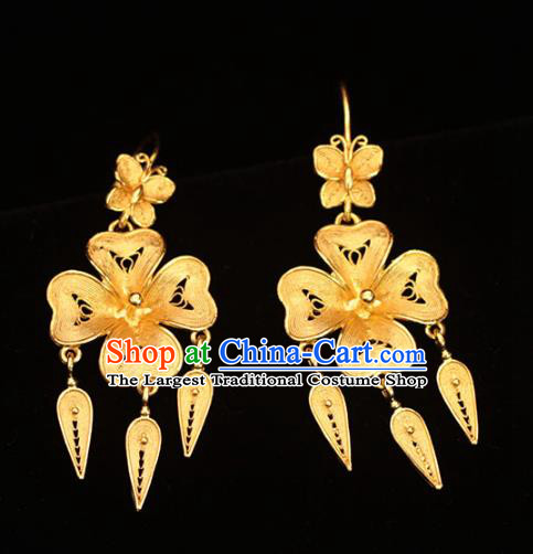 Chinese Ancient Empress Filigree Ear Accessories Traditional Ming Dynasty Golden Flower Earrings