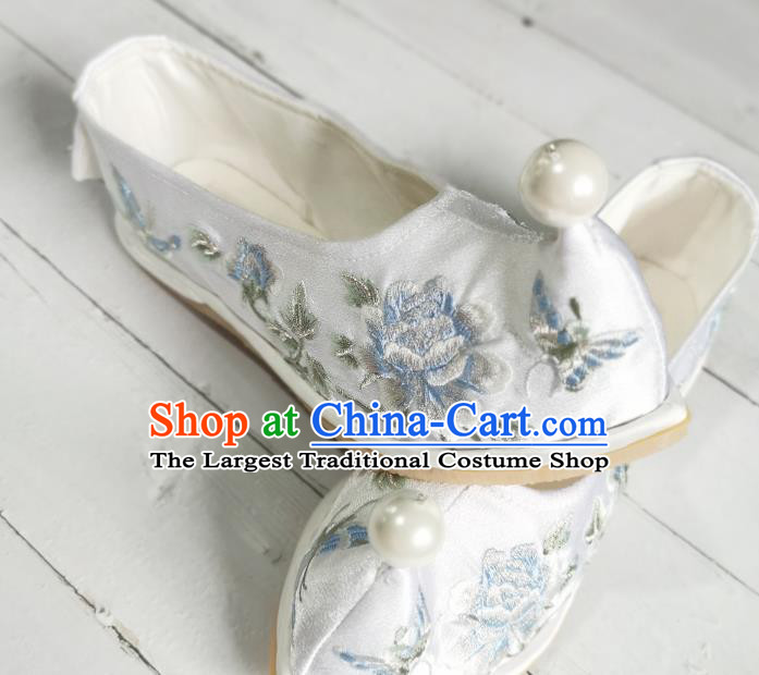 Handmade Chinese Ming Dynasty Princess Shoes Traditional Hanfu Shoes White Satin Shoes Embroidered Shoes