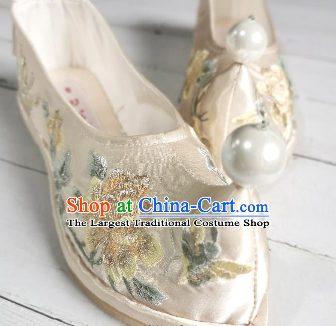 Handmade Chinese Golden Satin Bow Shoes Embroidered Shoes Ming Dynasty Princess Shoes Traditional Hanfu Shoes