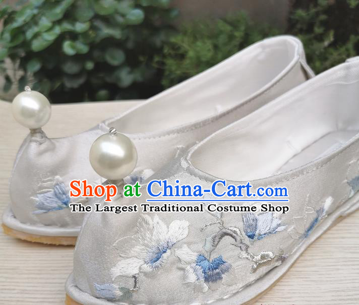 Handmade Chinese Grey Satin Bow Shoes Traditional Hanfu Shoes Embroidered Mangnolia Shoes