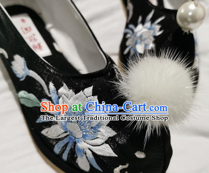 Handmade Chinese Embroidered Epiphyllum Shoes Traditional Hanfu Princess Shoes Black Satin Shoes