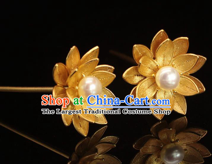 China Ancient Bride Golden Lotus Hairpin Traditional Wedding Hair Accessories Ming Dynasty Hair Stick