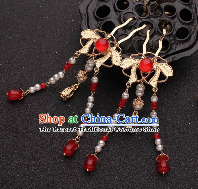 China Ancient Princess Hair Accessories Traditional Hanfu Red Beads Tassel Hairpins