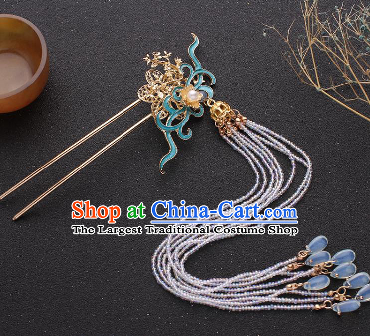 Traditional China Ming Dynasty Blueing Hair Stick Ancient Princess Beads Tassel Hairpin