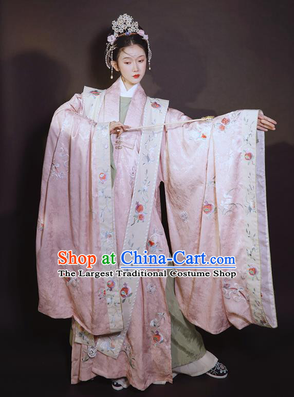 China Ancient Ming Dynasty Wedding Historical Clothing Traditional Court Concubine Embroidered Pink Hanfu Dress