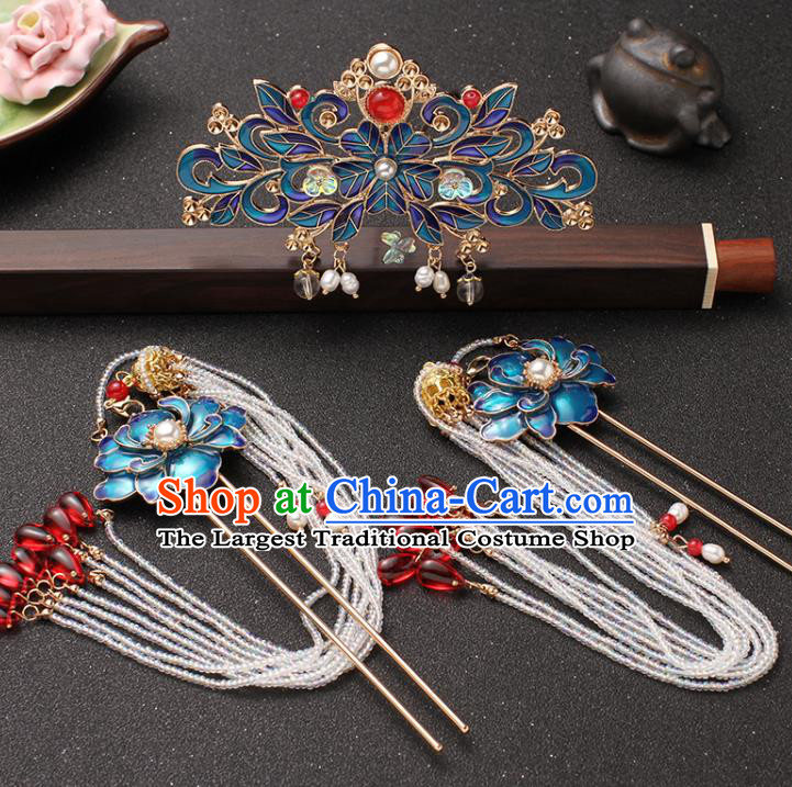 Traditional China Ming Dynasty Blueing Peony Hair Stick Ancient Princess Tassel Hairpin and Hair Crown